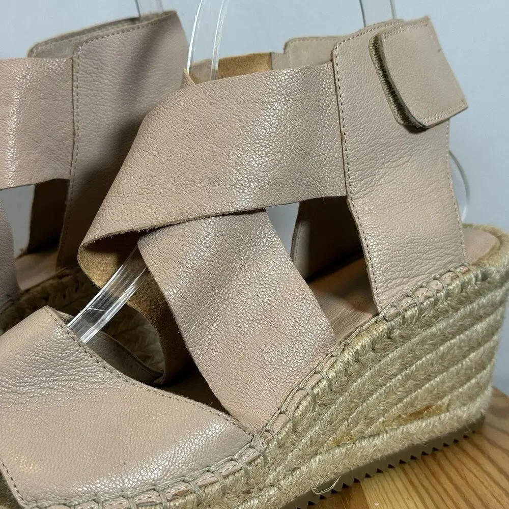 Eileen Fisher Nude Pink Leather Espadrille Wedge Sandals